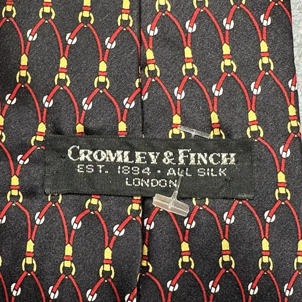 Cromley‎ & Fitch Mens Neck Tie Black Silk Red Chain Stirrup Pattern Equestrian